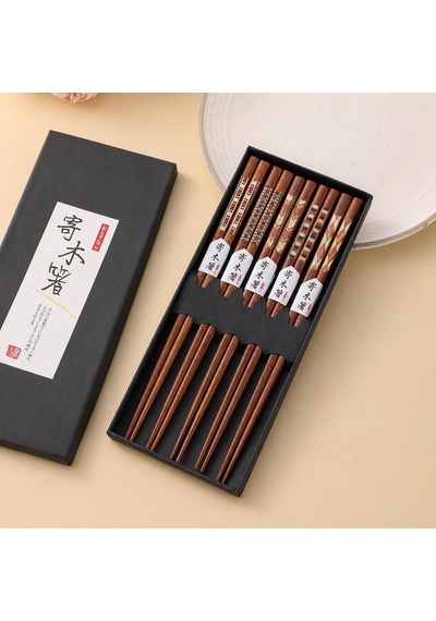 Valkyrie 5 Çift Ahşap 22,5cm Yemek Çubuğu Seti Hediyelik Kutulu Japon Çin Kore Sushi Chopstick