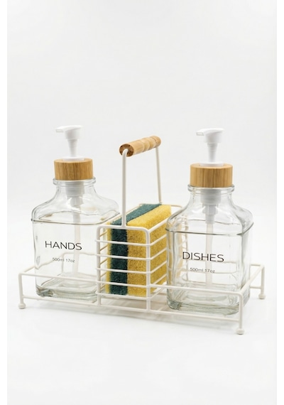 Makri Home Lüks Stantlı Bambu Kapaklı İkili Cam Sıvı Sabunluk & Deterjanlık Seti 2 500 Ml, 22,5 8,5 24 Cm Şeffaf