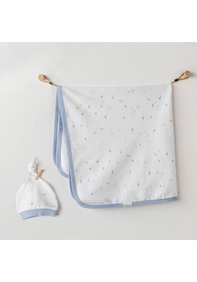 Erkek Bebek Battaniye Şapka Takım Blanket Hat Set 85x90 Beyaz