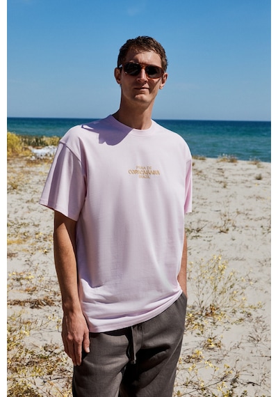 Grımelange Copacabana Erkek Ön Arka Çatlayan Baskı Detaylı %100 Organik Pamuk Oversize Kısa Kollu Pembe T-shirt