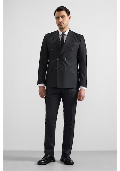 Süvari Siyah Slim Kruvaze Yaka 6 Drop Takım Elbise Tk1006900389-s09 Siyah