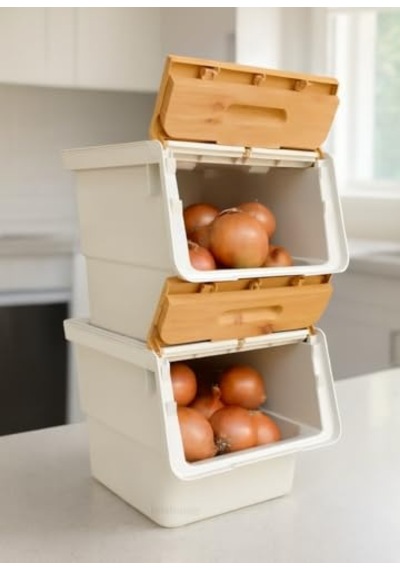 2'li Bambu Patates Soğan Sepeti Tekerlekli Kapaklı Havalandırmalı 24 Litre Sebzelik Organizer Çok Renkli