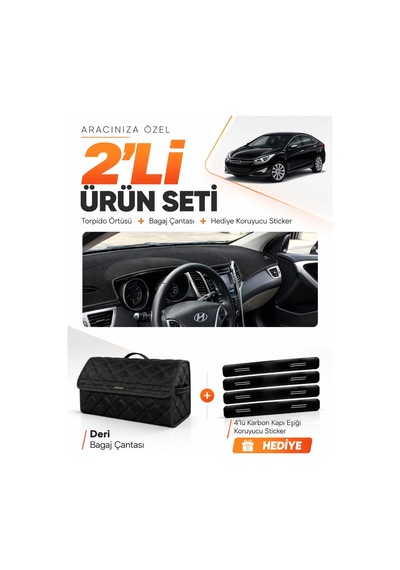 Hyundai İ40 2011-2017 Uyumlu Torpido Örtüsü + Deri Bagaj Çantası + Sticker Seti - Siyah