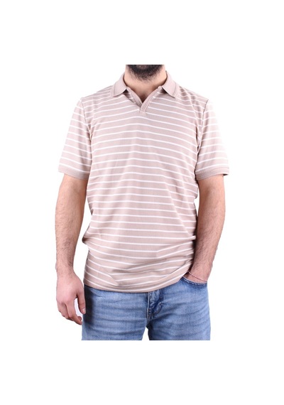 Dagoster Dmg23-231237 Bej Beyaz Günlük Çizgili Polo Yaka Erkek Tişört Bej