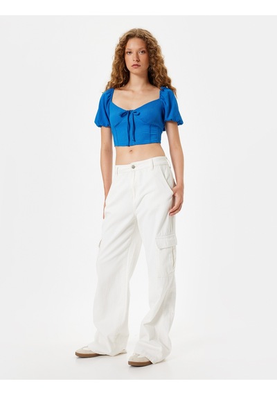 Koton Crop Tişört Balon Kol Korse Görünümlü Bürümcük V Yaka Slim Fit Mavi 4sal11118ık Mavi