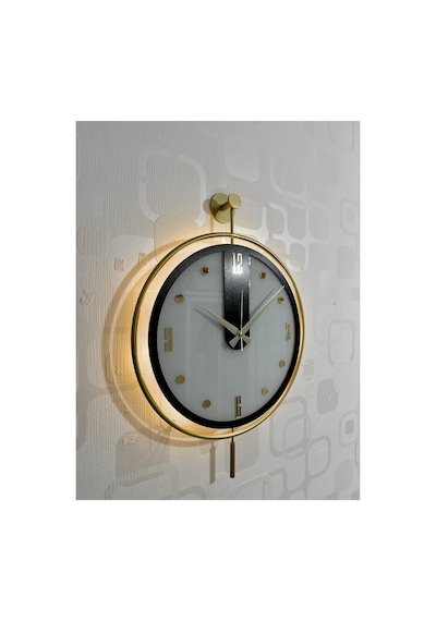 Pey Aksesuar Metal 40x60 Camlı Duvar Saati Işıklı Gerçek Cam Duvar Saati Modern Tasarım Gold-beyaz