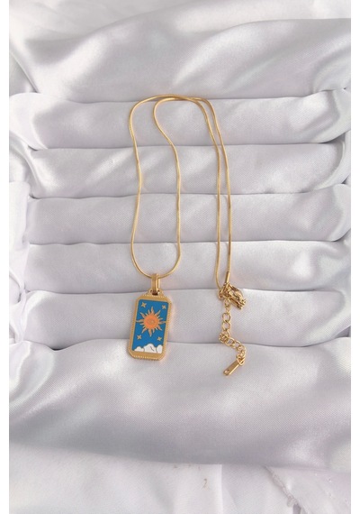 316l Çelik Gold Renk Mavi Mineli Güneş Model Tarot Kolye Çok Renkli