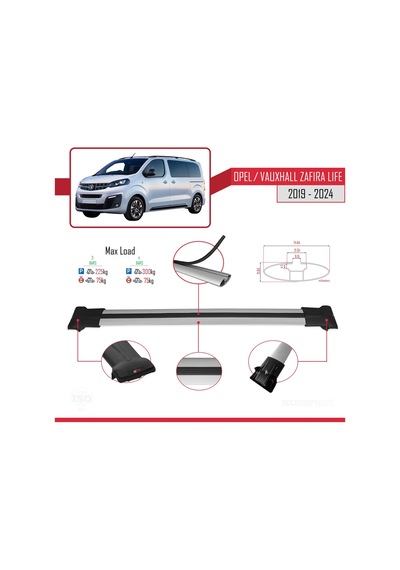 Opel / Vauxhall Zafira Life 2019 Ve Sonrası İle Uyumlu Fly Model Ara Atkı Tavan Barı Gri 3 Adet