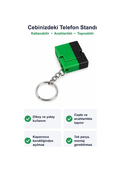 Katlanabilir Anahtarlıklı Telefon Standı - Cep Boy Masaüstü Telefon Tutucu - Yeşil Siyah