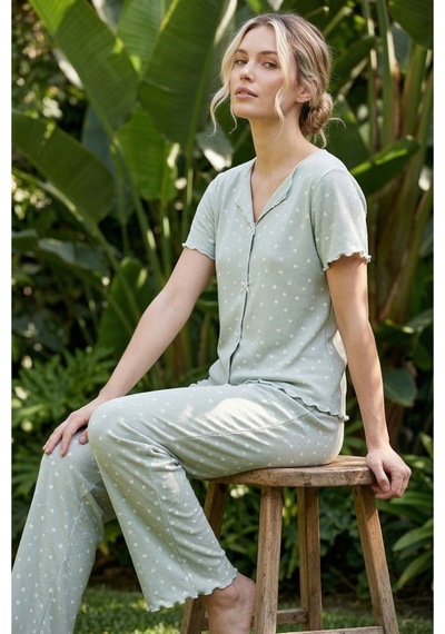 Siyah İnci Fitilli Kaşkorse Örme Pijama Takım 26120553 Mint