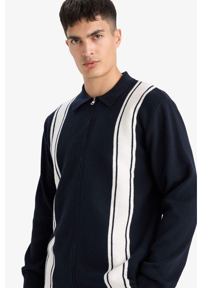 Defacto Standart Fit Polo Yaka Fermuarlı Çizgili Triko Hırka F4981ax25aunv64 Lacivert