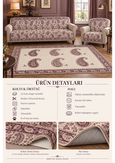 3 Lü Set 2 Adet 165x215 Cm Koltuk Örtüsü + 1 Adet 6m2 180x280 Cm Kaymaz Taban Dijital Baskılı Halı Mürdüm