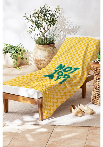 Modern Yazılı Dalgalı Plaj Havlusu - Sarı Turkuaz Retro Typografi Hızlı Kuruyan Mikrofiber Havlu Köpük Mimoza