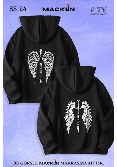 Macklin Sevgili Çift Kombin Angel Ve Guardian Baskılı Özel Tasarım Kapüşonlu Sweatshirt 2li Set Takım Siyah Mck1034 Siyah