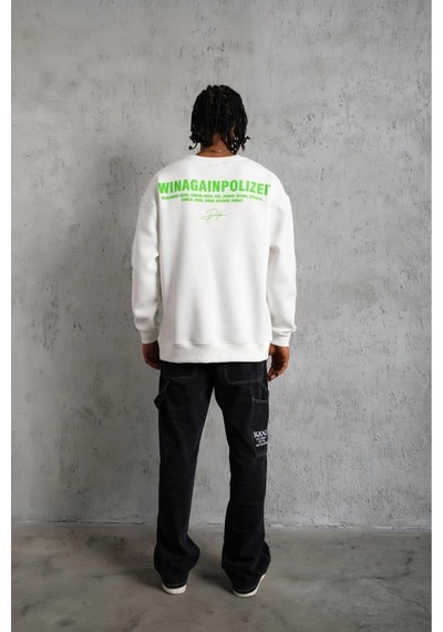 Erkek 3 İplik Bisiklet Yaka Baskılı Sweatshirt - Beyaz