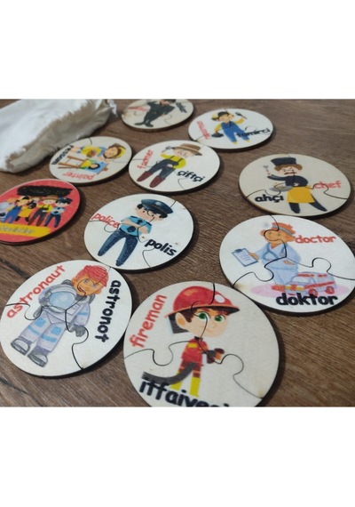Türkçe Ingilizce Meslekler Ahşap Renkli Puzzle 9 Araç 27 Parça