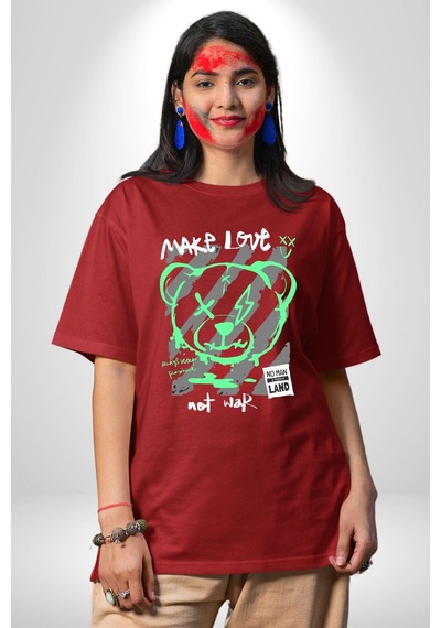 Savaşma Teddy Bear Pamuklu Bisiklet Yaka Unisex Oversize Boyfriend Dijital Baskılı Kırmızı T-shirt Kırmızı