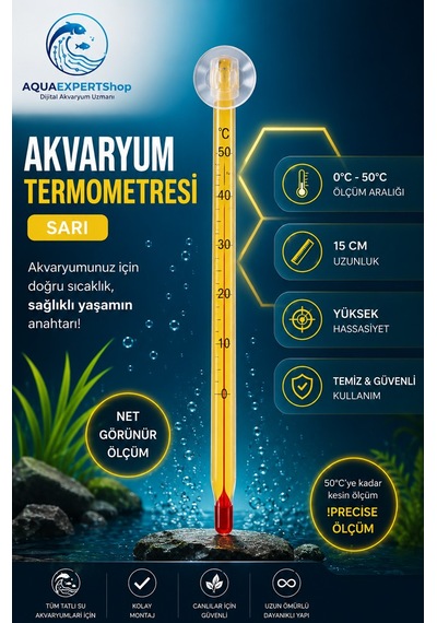 Akvaryum Termometre - Sarı - Hassas Ölçüm - Cam Termometre - 0/50 Derece Arası Ölçüm - Net Görünür - Güçlü Vantuz