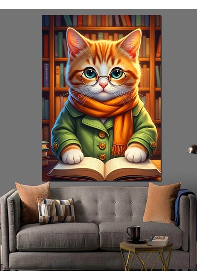 Ahşap Tablo Kitap Okuyan Turuncu Kedi