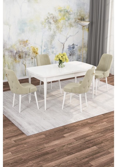 Familieconcept Zümra Serisi, Beyaz 80x132 Açılabilir Mdf Mutfak Masası Takımı 4 Adet Sandalye Krem Familieconcept Zümra Serisi, Beyaz 80x132 Açılabilir Mdf Mutfak Masası Takımı 4 Adet Sandalye Krem