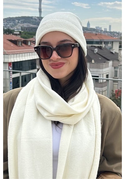 Mollycrush Kadın Kışlık Ekru Atkı Bere Seti Şık Örgü Set Ekru