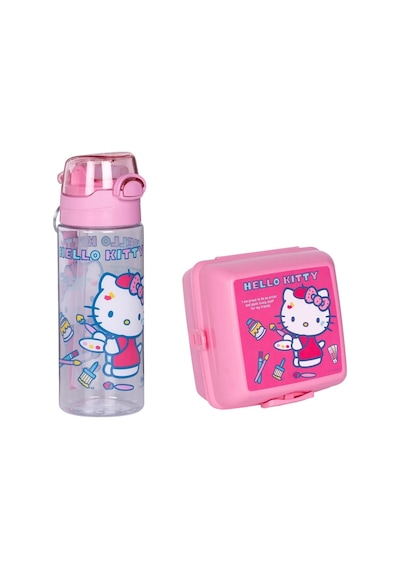2'li Set Hello Kitty 4 Bölmeli Çocuk Beslenme Kabı Kaşık Ve Çatallı-500ml Pipetli Askılı Su Matarası Pembe