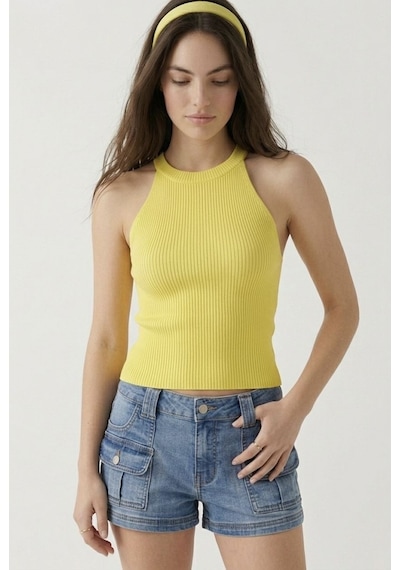 Neden Tekstil Kadın Fitilli Halter Yaka Crop Bluz - Sarı