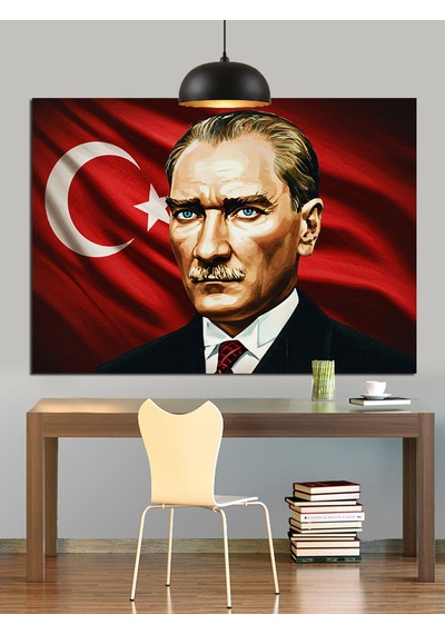 Bayrak Önünde Atatürk Portresi Dekoratif Kanvas - Mdf Ahşap Tablo