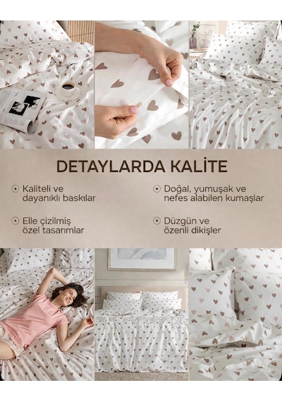 Uçkan Home %100 Pamuk Cozy Hearts Tek Kişilik Nevresim Seti--98 Kırık Beyaz