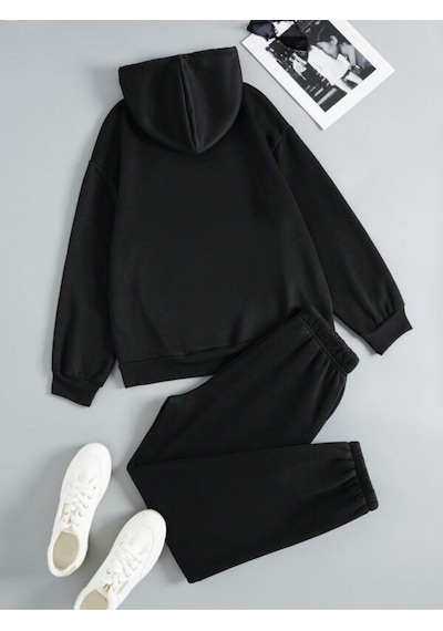 Siyah Perfect Baskılı Kapüşonlu Sweatshirt Ve Eşofman Altı Eşofman Takımı Siyah