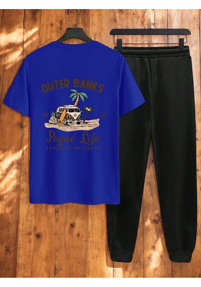 Uyguntarz Unisex Outer Banks Tasarım Basklı Tshirt Eşofman Takımı Mavi