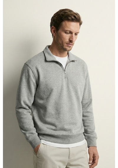 Elemge Pamuklu Erkek Sweatshirt Gri Soft Touch Relax Fit Yarım Fermuarlı Dik Yaka 3 Iplik Nefes Alan