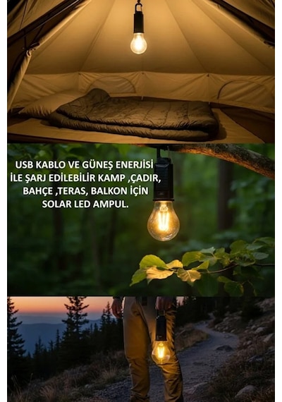 Usb Şarjlı + Güneş Enerjili Bahçe Balkon Teras Kamp Karavan Aydınlatması Lambası Solar Led Ampul