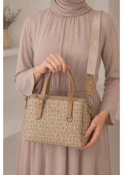 Just Polo Kadın Orta Boy Premium Deri Ayarlanabilir Askılı 3 Bölmeli Şık El & Omuz Çantası Shoulder Bag Kum