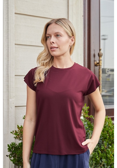 Jument Kadın İpeksi Kumaş Geniş Sıfır Yaka Kısa Kol Tshirt Bluz-bordo