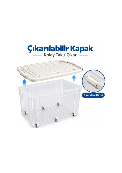 Tr Tekerlekli Saklama Kutusu Şeffaf 90 L Krem Genel