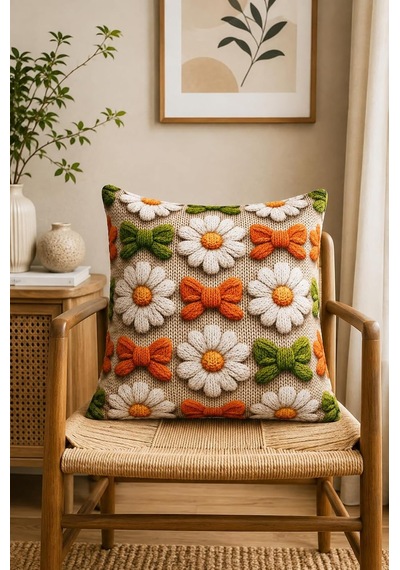 4'lü Set Çiçekli Dekoratif Kırlent Kılıfı 43x43 Cm, 3d Efektli Dijital Baskılı - Papatya Demeti Çok Renkli