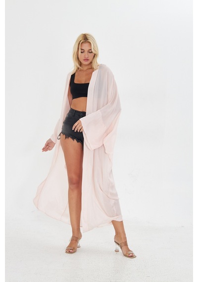 Kutaf Pudra Pembe Uzun Soft Kimono Açık Kahverengi