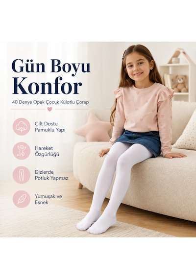 Elitse Kız Çocuk Beyaz 40 Denye Opak Külotlu Çorap Okul Bale Ve Özel Gün Çorabı