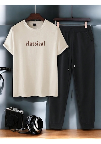 Uyguntarz Unisex 2'li Classical Baskılı Eşofman Takımı Bej