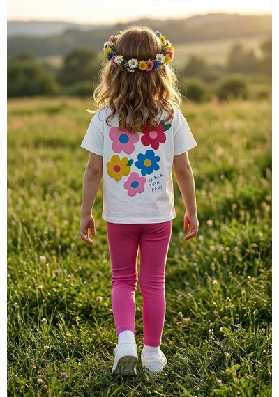 Zuzunga Cute Flower Baskılı Kız Çocuk Takımı Pembe Taytlı Fuşya