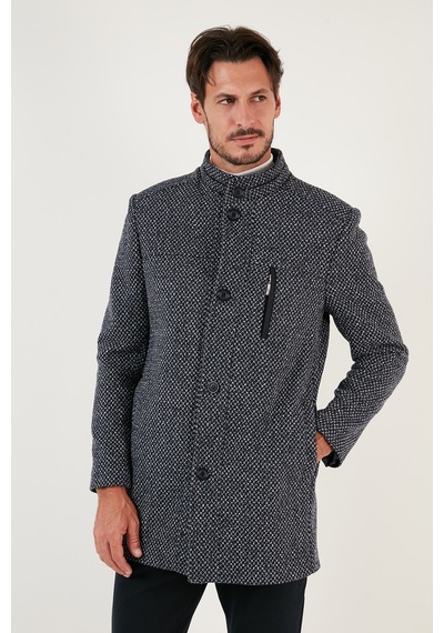 Buratti Düğmeli Dik Yaka Kırçıllı Slim Fit Kaşe Erkek Kaban 5841016 Lacivert Noktalı