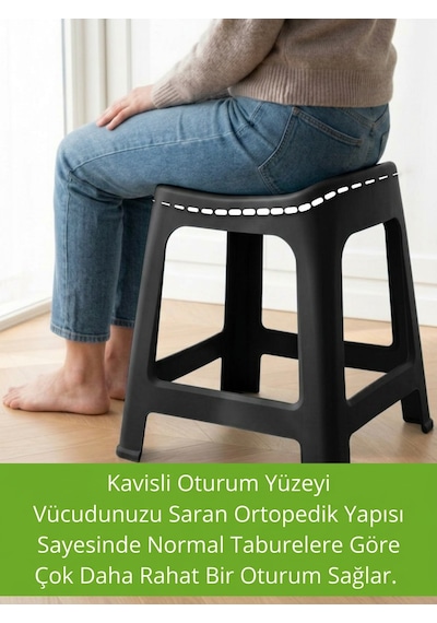 İronika 6'lı Plastik Kavisli İstiflenebilen Ortopedik Rahat Tabure - Siyah
