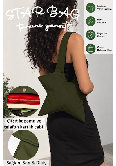 Tuttobene Star Bag Yıldız Çanta Çıtçıtlı İç Cepli Özel Tasarım Omuz Çantası Su Geçirmez Leke Tutmaz Tb052 Haki