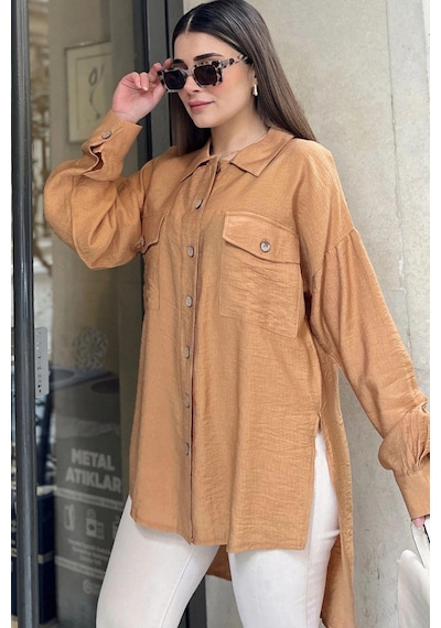 WeShaya Kadın Taba Balon Kol, Pileli, Yırtmaçlı, Oversize, Keten Tunik Gömlek Bej WeShaya Kadın Taba Balon Kol, Pileli, Yırtmaçlı, Oversize, Keten Tunik Gömlek Bej