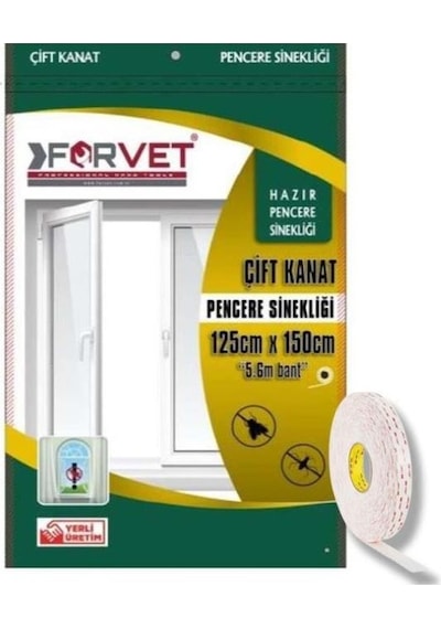 Forvet Çift Kanat Cırtlı Sineklik Pencere Seti 125x150 Cm + 5.6 Metre Bant Hediyeli