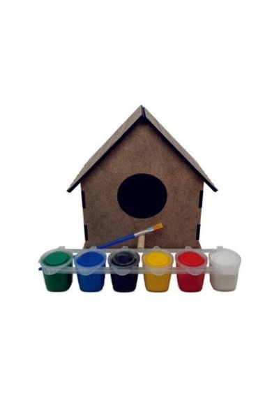 Ahşap Kuş Evi - Kuş Yuvası - 6 Renk Boya Ve Fırçası Ile Birlikte Boyanabilir Set Demonte