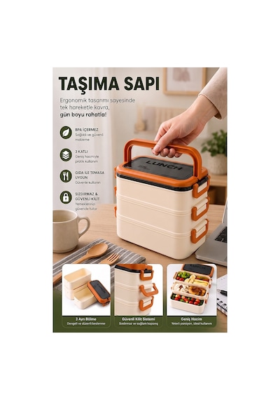 Turuncu Beslenme Kutusu 3 Bölmeli 1 Adet 3 Bölmeli Beslenme Kabı Yemek Saklama Kabı Taşınabilir Lunch Box Okul