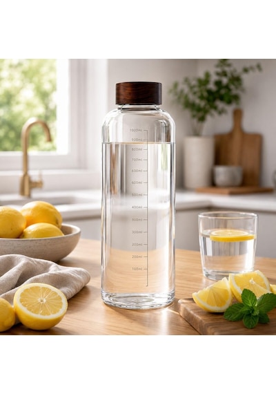1000 Ml Akasya Kapaklı Cam Matara Ölçekli Su Şişesi Sızdırmaz Kapaklı Şeffaf Cam Suluk Diğer