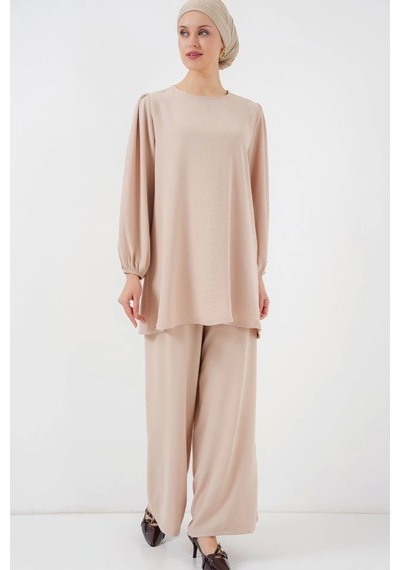 Defymoda Ayrobin Tunik Pantolon Alt Üst Takım 6712 - Krem Krem